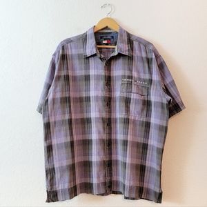 Vintage Tommy Hilfiger Y2K Plaid Purple Mens Buttondown Short Sleeve Shirt 2001